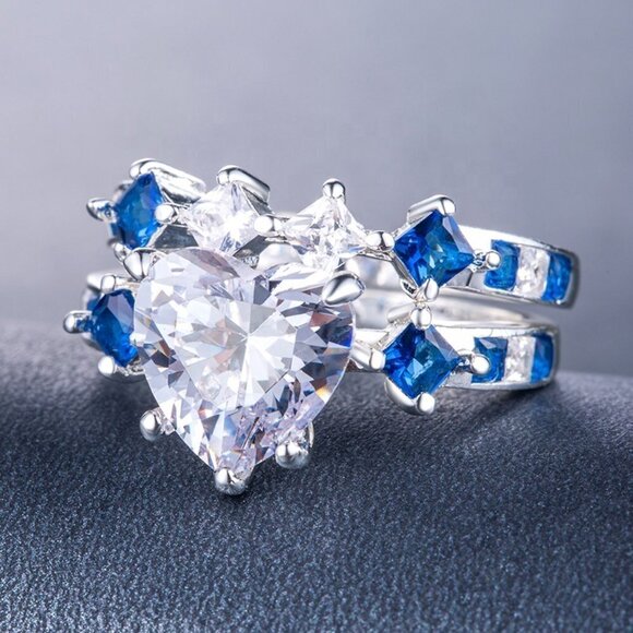 🔥925 Silver Plated Blue 2 PCs Heart CZ Couple Ring, MLNN1011 - Picture 2 of 3